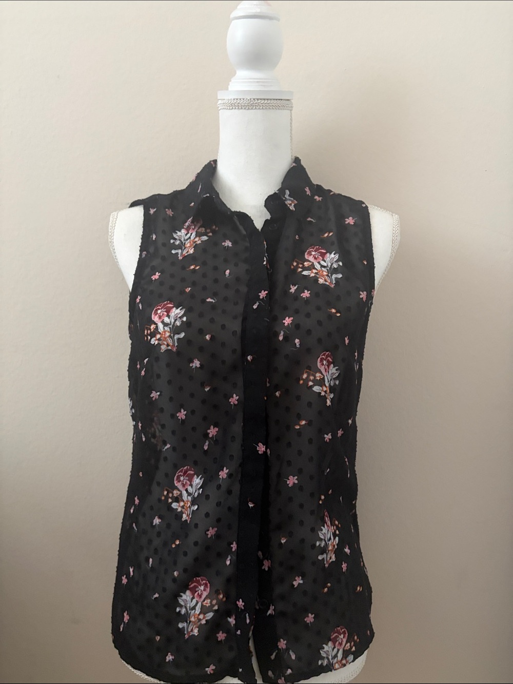 Sleeveless Sheer Floral black dots Button-Up Blouse in Black and Pink